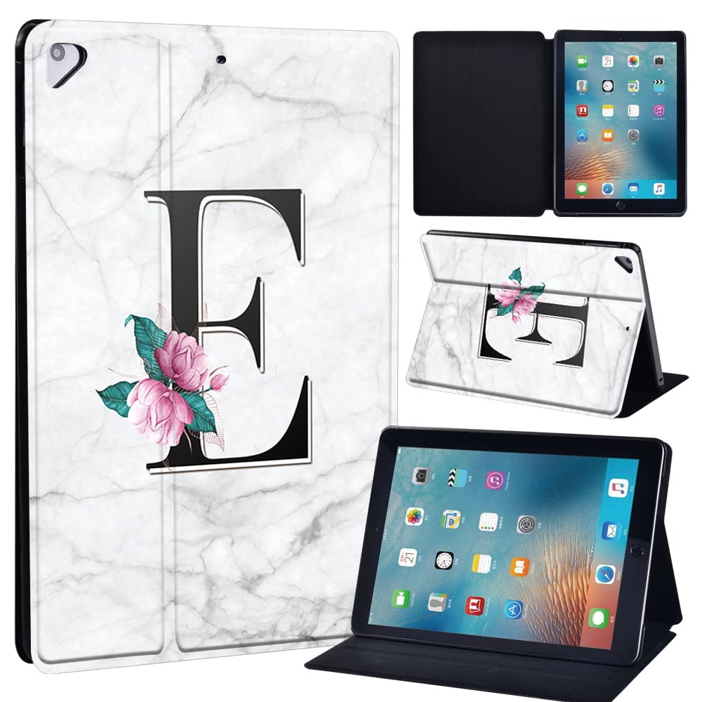 Initial Letter Leather slim lightweight Stand Cover Case for Apple New iPad 9.7 2018 2017(6th Gen, 5th Gen)/iPad Air 2/iPad Air/iPad Pro 9.7 Tablet with Auto Wake/Sleep (whitemarbleE)