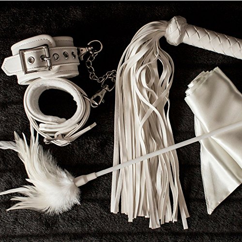 Upscale BDSM Bondage Erotica Gear for Couples Prime, Restraint Bondageromance Kit with Real Fuzzy Handcuffs, Horse Whip, Blindfold, Flogger, Bed Restraints for Sex Play, Gift Boxed, White
