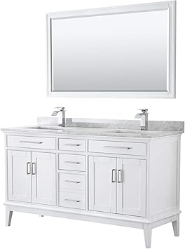 Margate 60 Inch Double Bathroom Vanity In White White Carrara Marble Countertop Undermount Square Sinks And 56 Inch Mirror Amazon Com