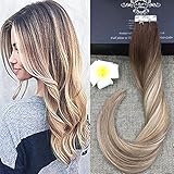 Full Shine 20 inch Tape in Hair Extensions Human Hair Balayage Tape Hair Extensions Color #3 Dark Brown Fading to #8 and #22 Blonde Highlighted Glue Extensions