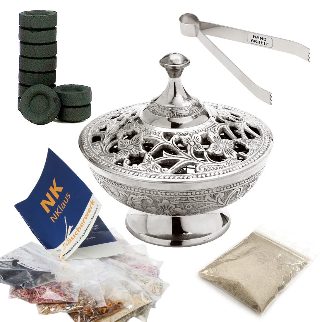 NKlaus 14pcs Set Incense burner in silver Coal tongs Incense burners Incense sand Incense charcoal 40671
