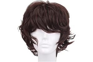 Alibuy 13 Inch Dark Brown Short Curly Anime Cosplay Wigs with Bang for Men Costume Halloween Party