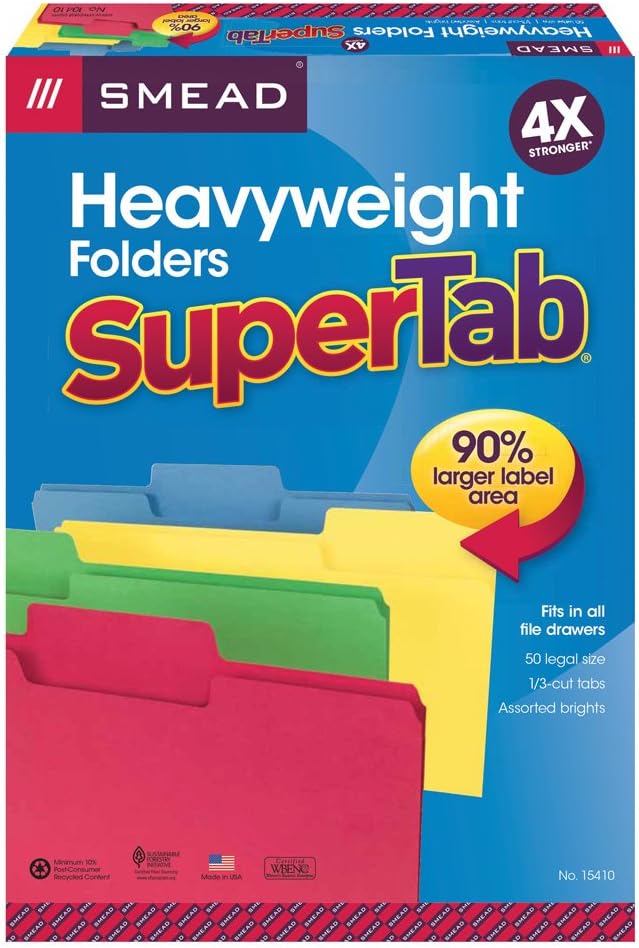 Smead SuperTab Heavyweight File Folder, Oversized 1/3-Cut Tab, Legal Size, Assorted Colors, 50 Per Box (15410) : Colored File Folders : Office Products