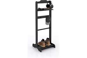 PUPPYWARM Valet Stand for Men, Suit Valet Stand with Top Tray, Hat Holder, Coat Hanger, Tie & Belt Hooks and Shoe Rack for Entryway Office Living Room Room (Black)