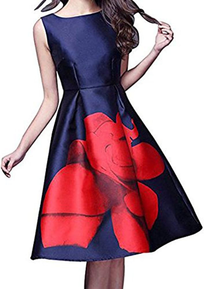 Zecoo Elegant Women Rose Printed Sleeveless High Waist Long Prom Vest Dress 019