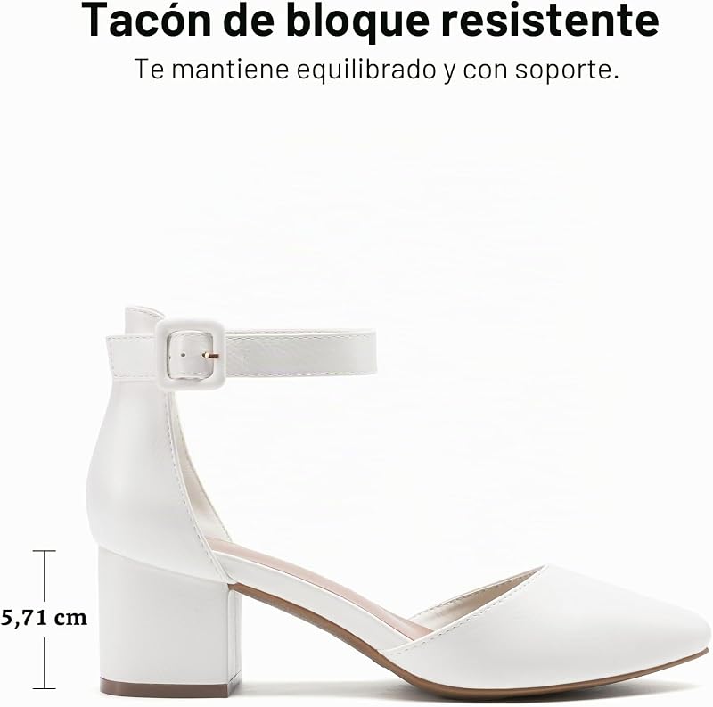 Zapatos Tacón Ancho Mujer,Blanco/PU,35