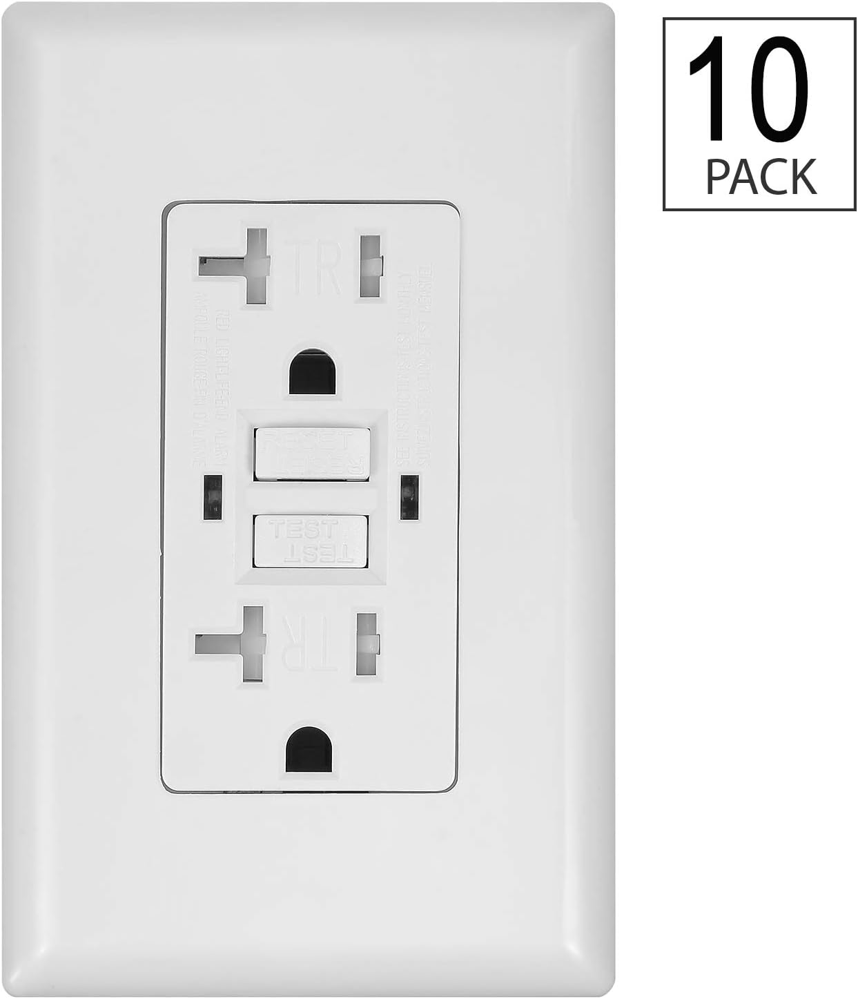 10 Pack - GFCI Duplex Outlet Receptacle - Tamper Resistant 20-Amp/125-Volt, Self-Test Function with LED Indicator - UL Listed, cUL Listed - Wall Plate and Screws Included, White