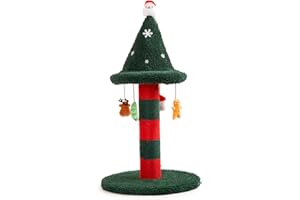 LUCKITTY Cat Scratching Post with 4 Hanging Plush Toy - Christmas Tree Alternative Give Your Cat a Toy and Scratching Post in One with This Ultimate Tree 30 * 15 Inch Red Green