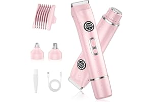 TJJFMM 4-in-1 Bikini Trimmer for Women, Dual Head Electric Razors Shaver | Painless Bikini, Body & Facial Hair Remover | IPX7 Waterproof for Wet/Dry Use | Includes Nose & Eyebrow Trimmer Heads