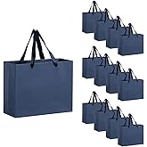 driew Large Gift Bags with Ribbon Handles, 12 Pcs Kraft Paper Bags for Shopping, Wedding, Party Favor, Merchandise, Retail, Grocery Sacks (Navy Blue, 10'x4.13"x8")