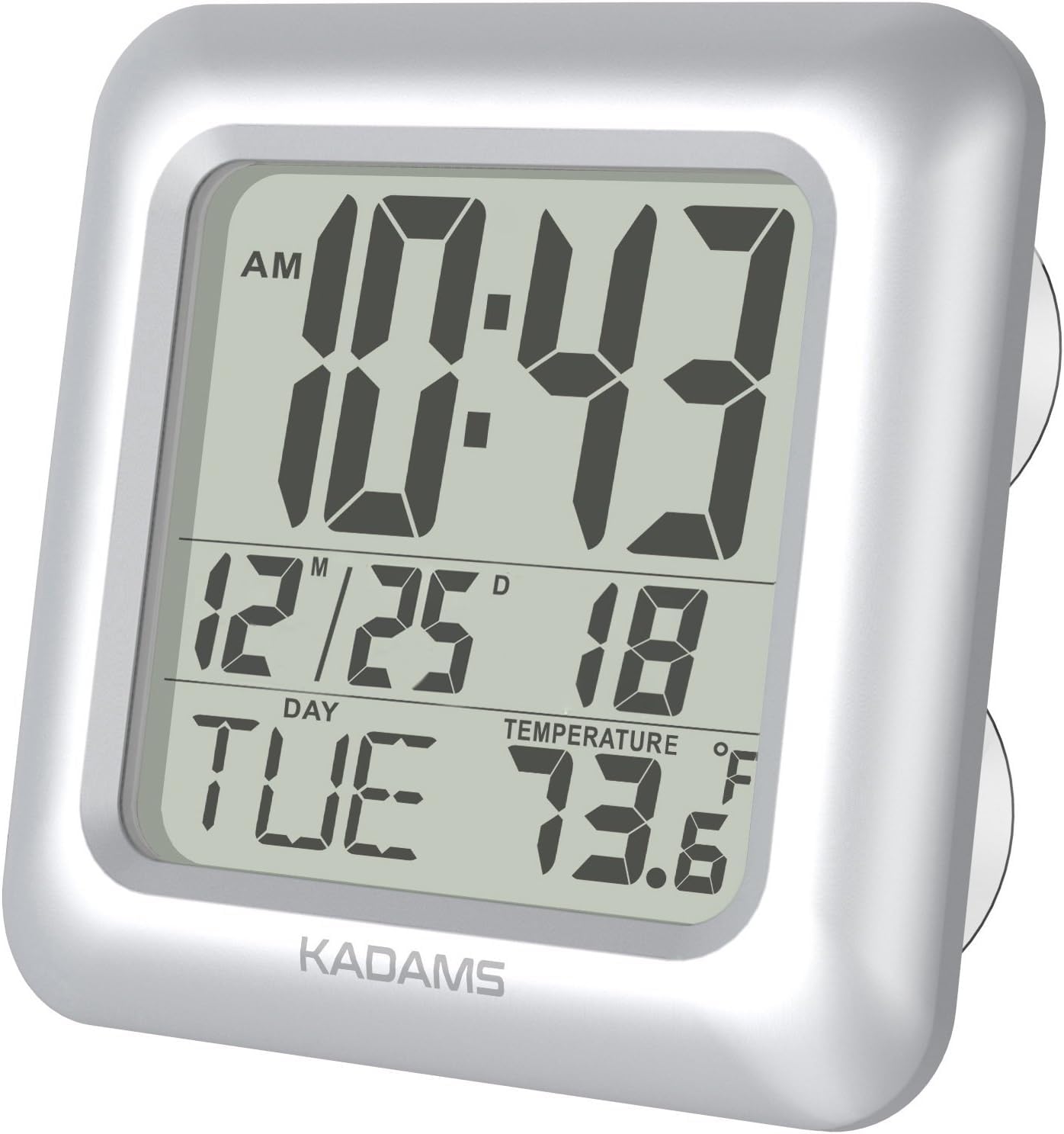 KADAMS Digital Bathroom Shower Clock, Waterproof for Water Spray, Temperature Thermometer, Seconds, Calendar Date Month Day, Suction Cups, Table Stand, Hanging Rope Wall Clock - Silver Frame