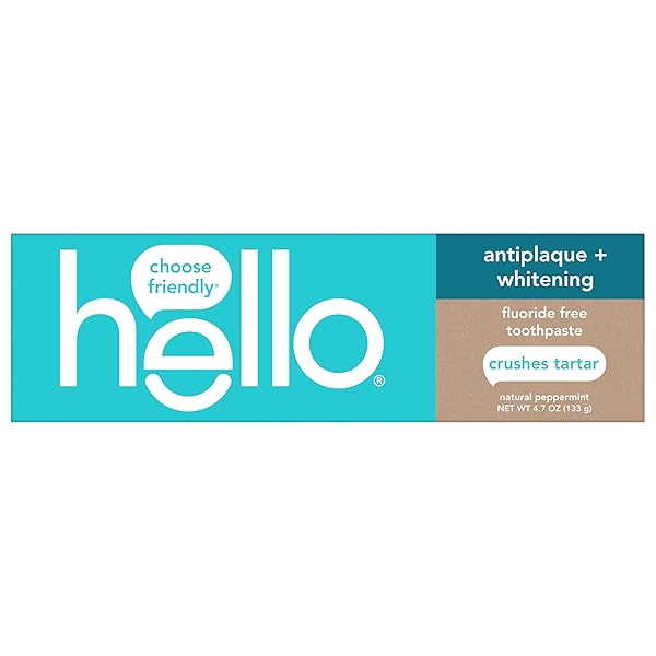 HELLO ANTIPLAQUE AND WHITENING FLUORIDE FREE TOOTHPASTE, WHITENING TOOTHPASTE WITH COCONUT OIL AND TEA TREE OIL, HELPS WHITEN TEETH, NATURAL PEPPERMINT, 4.7 OZ TUBE