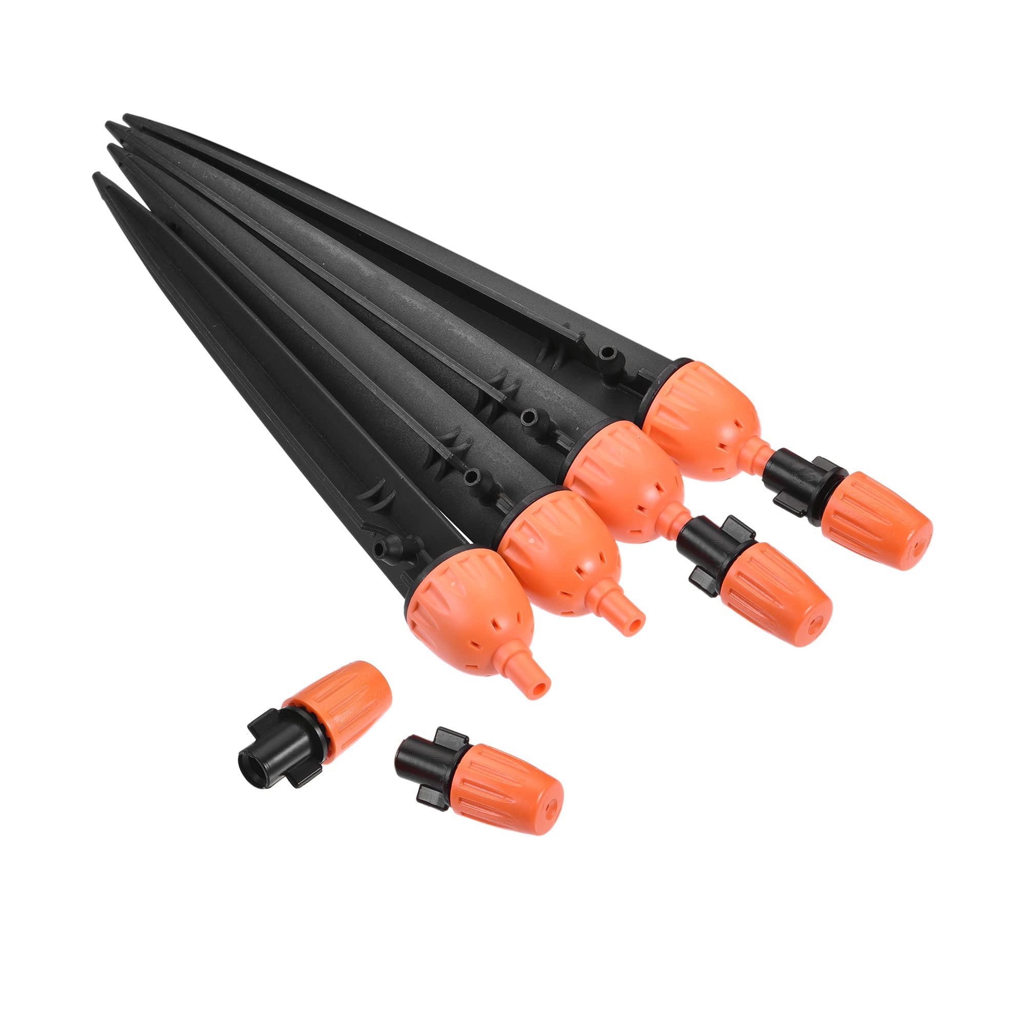 M METERXITY 4 Pack Drip Emitters - Garden Lawn Double Head Adjustable 360 Degree Irrigation Dripper Sprinklers Apply to Watering System (205mm Orange, Black)