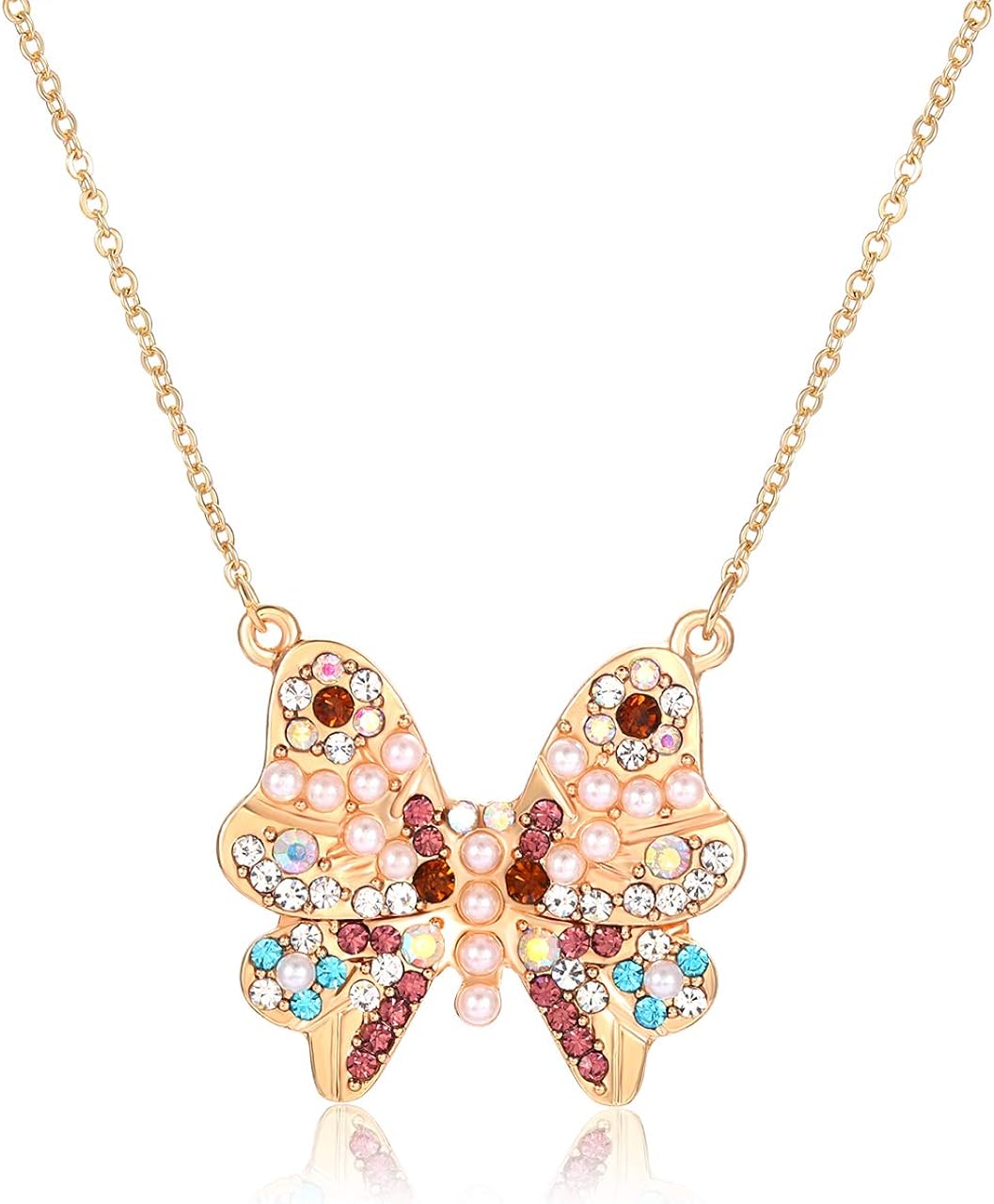 YAHPERN Butterfly Necklace for Women Ladies Charm CZ Pearls