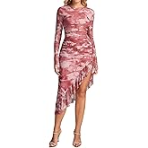 KUTUMAI Long Sleeve Floral Midi Dress Ruffle Slit Ruched Bodycon Fall Cocktail Wedding Guest Dresses for Women