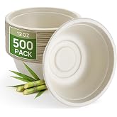 Goodluck 500 Pack Natural Brown 12 oz Compostable Sugarcane Deep Bowls | Heavy Duty Bagasse Disposable Paper Bowls, Microwave Safe Bowls for Soup, Salad, Cereal &amp; Meal Prep