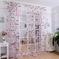 DZT1968 1PC White Printed Flower Lace Chiffon Tulle Sheer Window Treatments Door Screen Curtain (80 inch x 40 inch) (Pink)