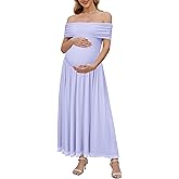 OUGES Women's 2026 Off The Shoulder Mesh Maxi Maternity Dress for Photoshoot Baby Shower Sleeveless Formal Long Dresses