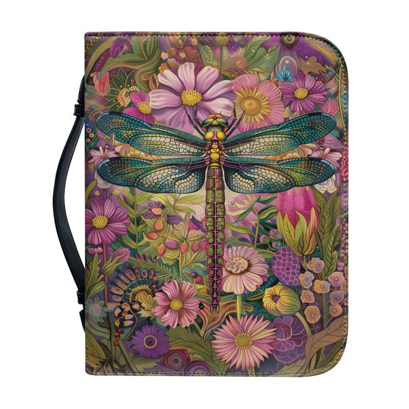 Kuiaobaty Vintage Dragonfly Flowers Book Cover for Women Folk Art Dragonflies Floral Handle Bible Case with Inside Pen Pocket,Bookish Gift