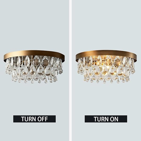 15″ ANTIQUE BRASS ROUND CRYSTAL CEILING LIGHT, LUXURY CRYSTAL RAINDROP SEMI FLUSH MOUNT CEILING LIGHT FIXTURE, MODERN MINI CHANDELIER FOR BEDROOM, HALLWAY, ENTRYWAY (BRASS)