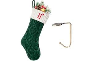 VRFASHION Christmas Stockings with Initials, Letter H Embroidered Xmas Stocking, 18" Large Monogram Knitted Xmas Stocking, Christmas Party Fireplace Family Hanging Stocking Decoration 1Pcs Green-White