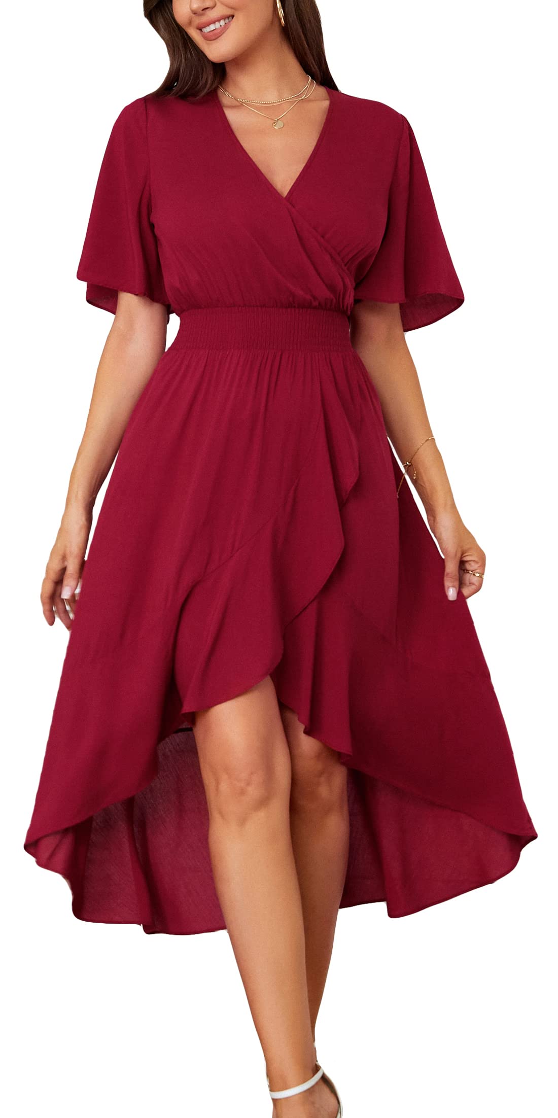 Photo 1 of Kormei Womens Short Sleeve Floral Maxi Dress High Low V-Neck Flowy Party Long Dresses XL Solid-Red
