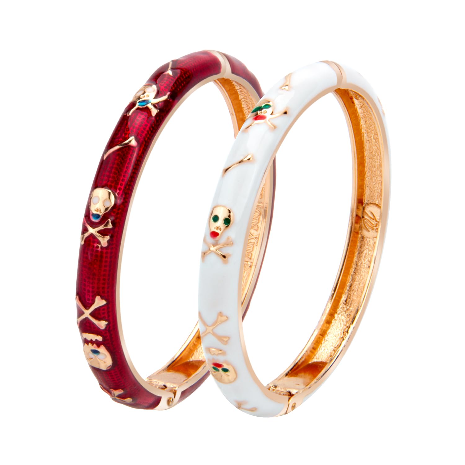 UJOY Skull And Bones Bracelet Golden Burgundy Bangles, 2pcs Red White 7.5 Inch Enamel Skeleton Bangle Set, Mothers Day Christmas Presents Brass Bracelets for Women, Open Cuff Bracelet for Lady