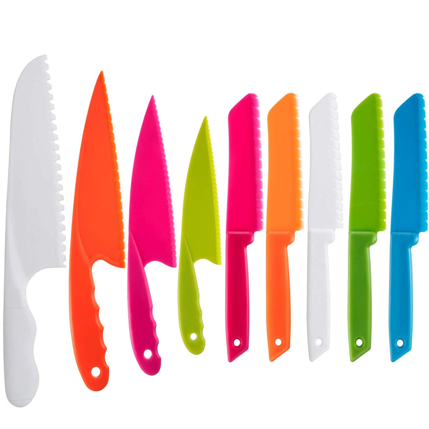 QincLing 9 Pieces Plastic Kid Kitchen Knife Set, Nylon Chef Knife Child-Safe Cooking Knives for Baking, Fruit, Bread, Cake, Salad Knife