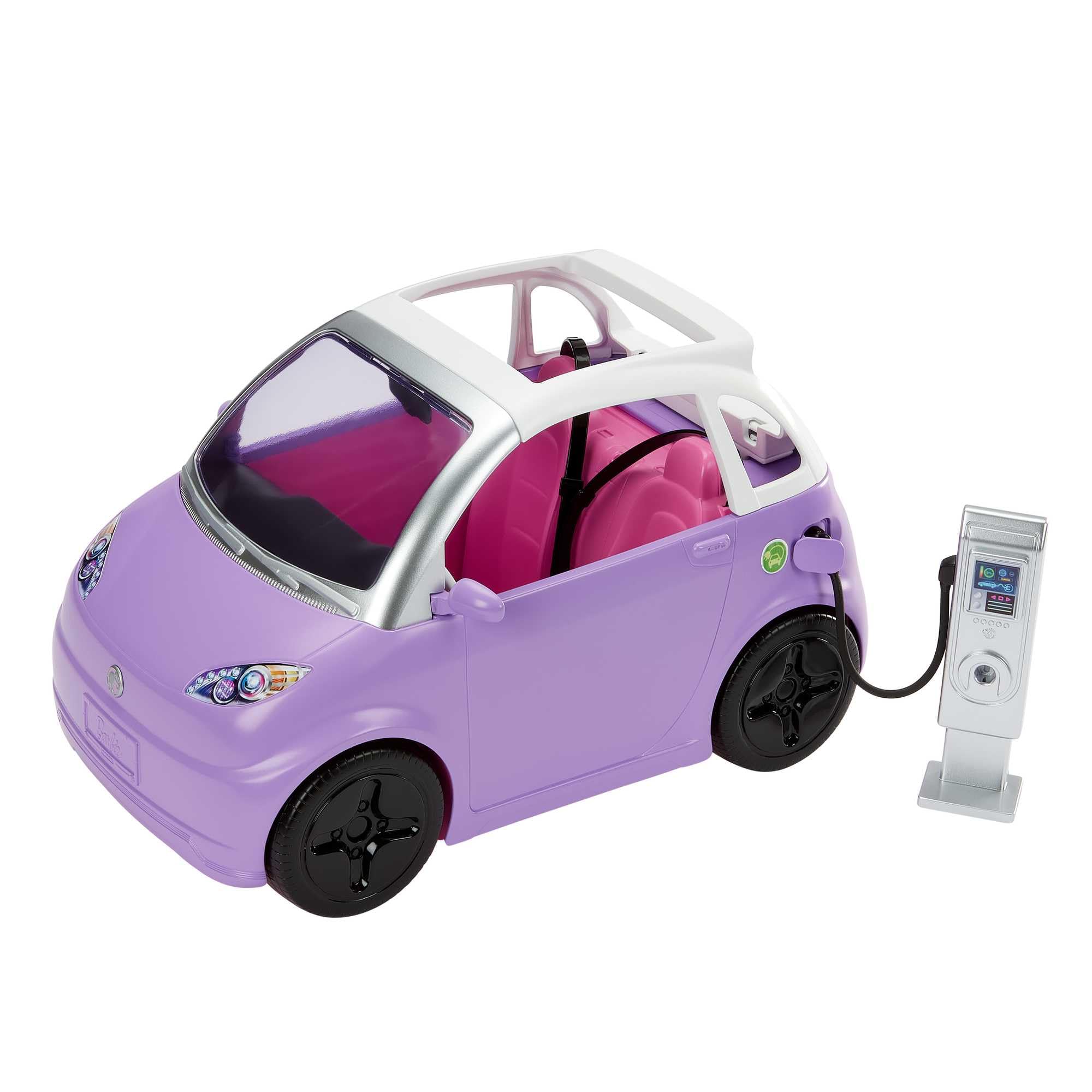 Barbie Car, Kids Toys, “Electric Vehicle” with Charging Station and Plug, Transforms into Convertible, Purple Car with Sunroof, Gifts for Kids​, HJV36