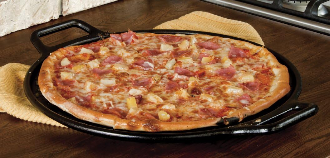 Lodge Pre-Seasoned Cast Iron Baking Pan With Loop Handles, 14", Black: Pizza Stone: Kitchen & Dining