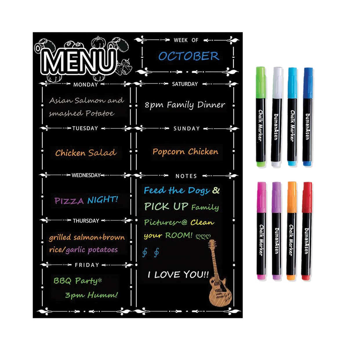 DumanAsen Magnetic Fridge Calendar, Meal Planner, Dry Eraser Weekly Menu Board - 16" x 12" inches - Includes 8 Colourful Pens (Black)