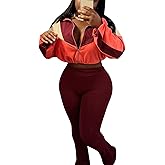 KANSOON Sweat Set for Women Two Piece Outfits Patchwork Color Block Cropped Jacket Flare Leg Pants Workout Sets Red M