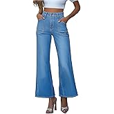 KnoInt Women's Wide Leg Jeans High Waisted Stretchy Micro Flare Straight Leg Denim Pants Ankle Length Loose Trendy Jean with Slant Pockets Light Blue,X-Large