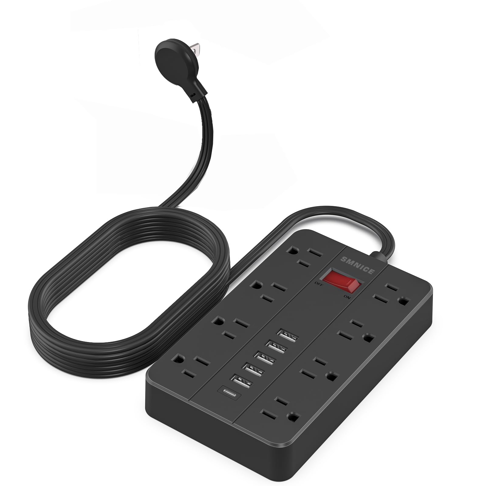 Photo 1 of 10 Ft Extension Cord Surge Protector, SMNICE 8 Widely Spaced Outlets and 6 USB (1 USB C) Charging Ports Flat Plug Power Strip, Desktop Power Cord for Travel Home Office Accessories Black