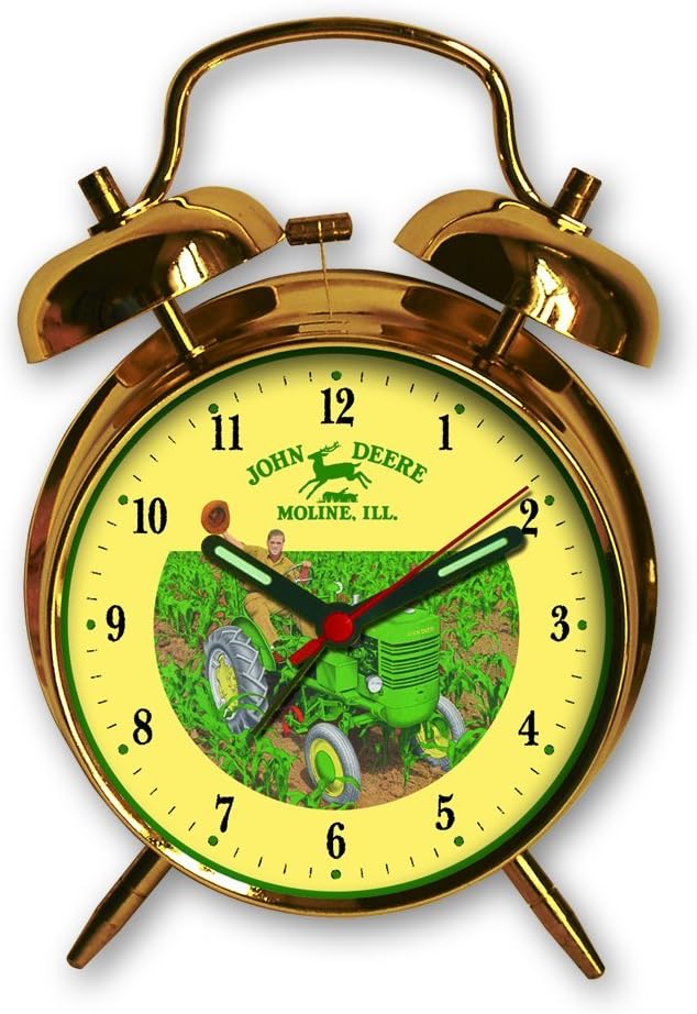 John Deere 4 Inch Twin Bell Alarm Clock, Scenic Clock in Antique Gold Finish