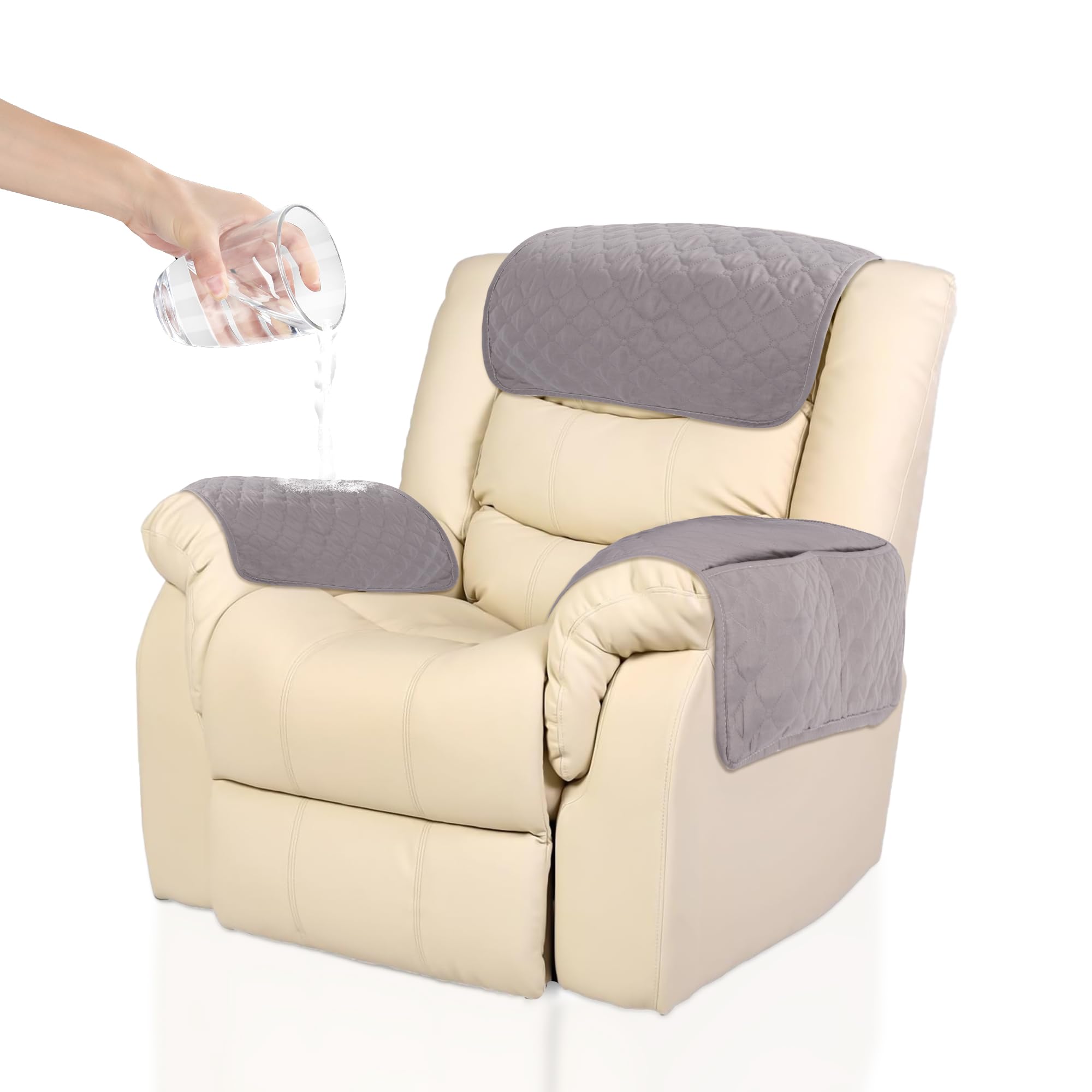 Kaket Armrest, Headrest Cover for Recliner Sofa 3pcs Waterproof Chair Covers, Nonslip Slipcover Furniture Protector Recliner, Chair, Light Grey, 3pcs, 57*38cm