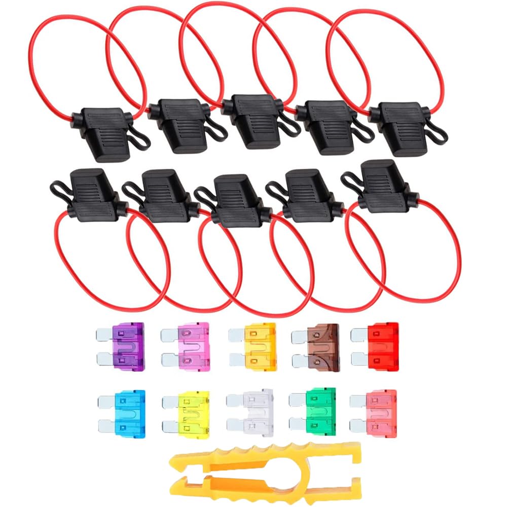 10x in-line Standard Blade Fuse Holder Pigtail Inline Waterproof Fuse Holder + 10 Pieces Standard Blade Fuses + 1pc Fuse Puller For Car Auto Van