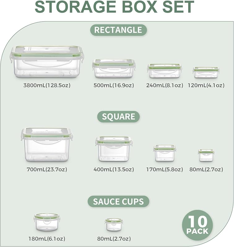 Conjunto de 10 recipientes de plástico hermético com tampa, sem BPA, empilháveis e estanques para alimentos, recipientes plásticos para micro-ondas, frigorífico e máquina de lavar loiça