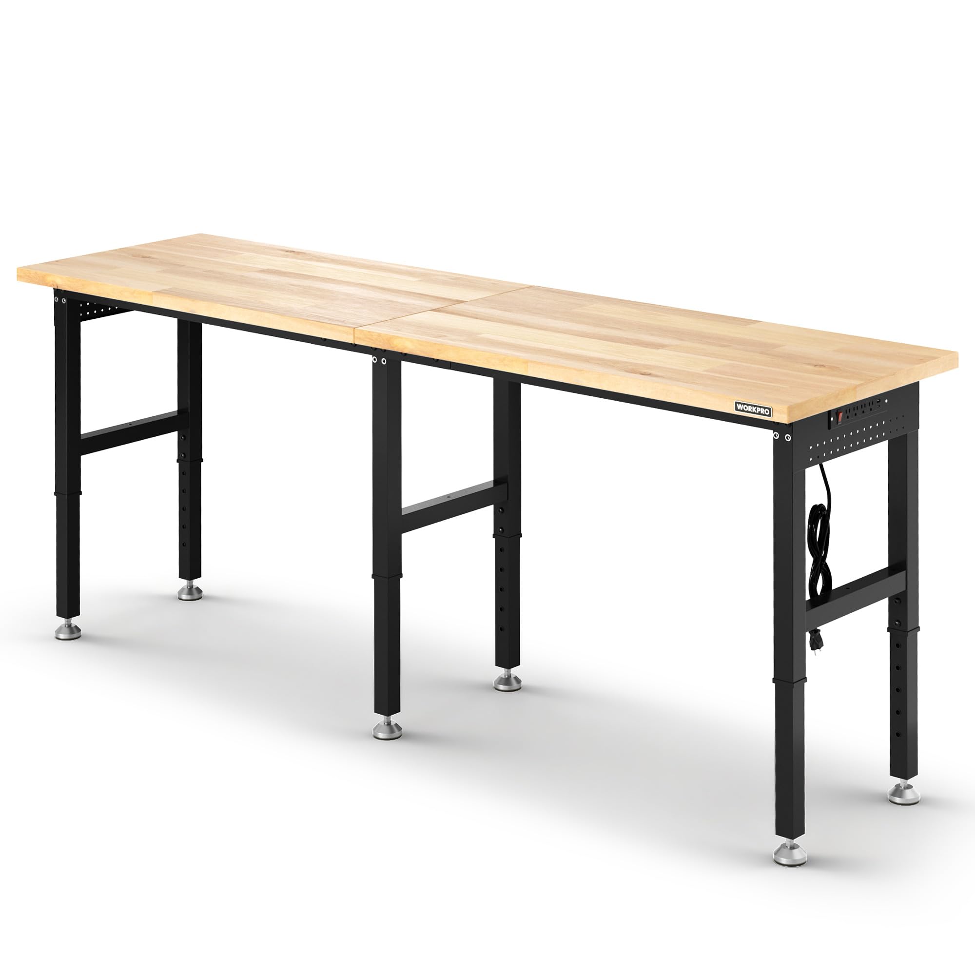WORKPRO 96x24" Heavy-Duty Adjustable Workbench, 4000LBS Load Capacity Work Table with Power Outlet & Pegboard, Rubber Wood Top Workstation with Leveling Foot for Garage, Workshop Image