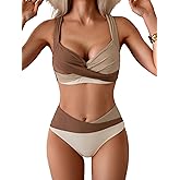 B2prity Bikini Sets for Women Two Piece Swimsuit Mid Rise Color Block Bathing Suit Tie Back Swimwear