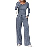 Trendy Queen Women's 2 Piece Matching Lounge Sets Fall Fashion Outfits Henley Neck Sweater Top Wide Leg Pants Sweat Suits