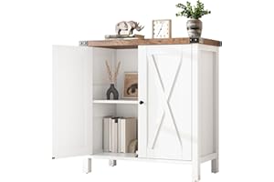 Garvee Farmhouse Sideboard Buffet Cabinet with 2 Barn Doors, Adjustable Shelf Kitchen Storage Cabinet – White+Brown Wooden St