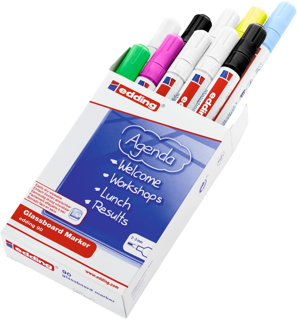 edding 90 glassboard marker - multi-coloured - 10 glass pens - round nib 2-3 mm - washable window marker pens - for writing and marking on glass surfaces such as windows and glassboards - dry-wipeable