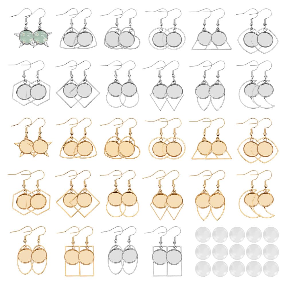 AHANDMAKER 28 Pairs Earring Wire Hooks with Blank Trays, 14 Styles Stainless Steel Dangle Earring Making Kit with Glass Cabochons 45mm Blanks Pendant with Clear Dome for Jewelry DIY Making