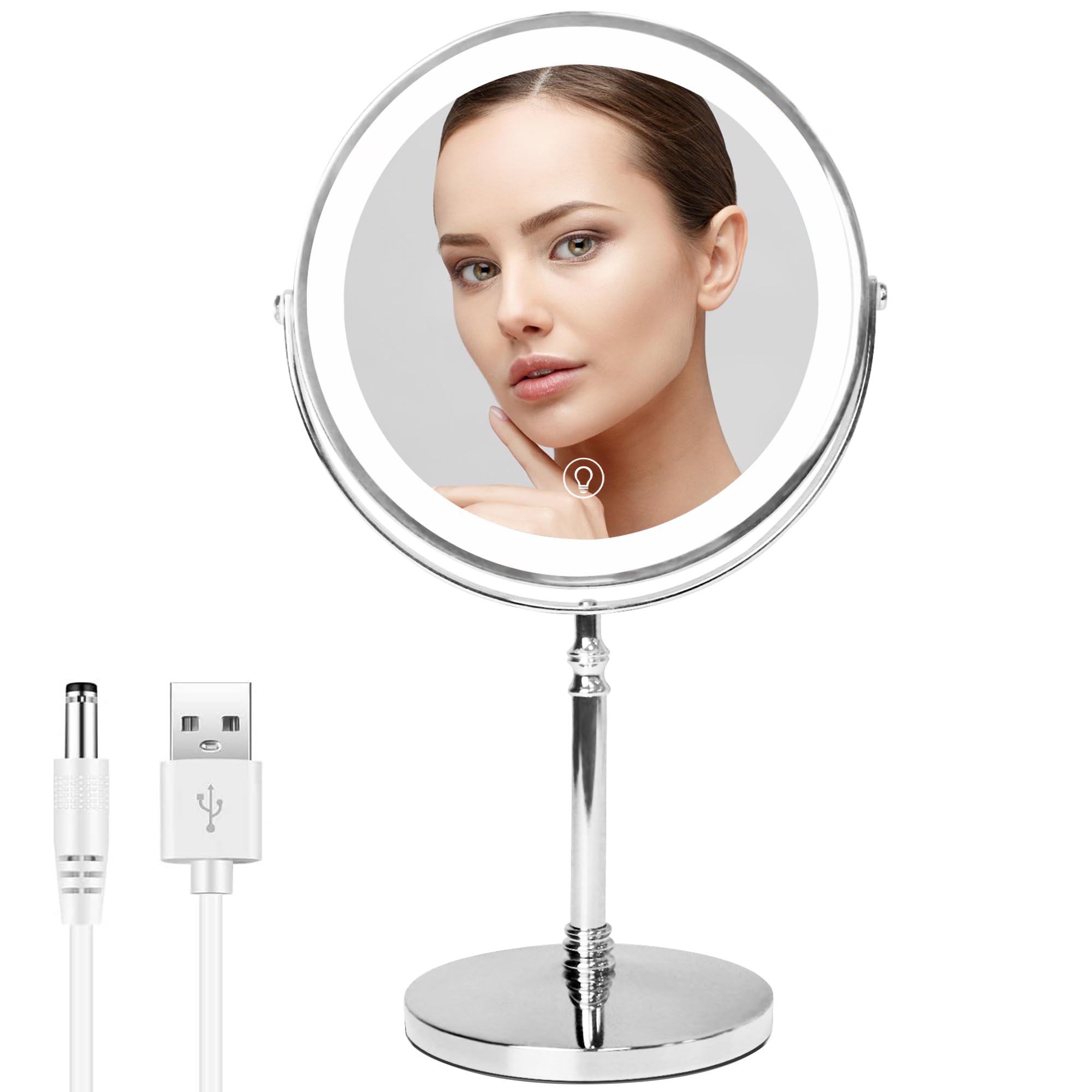 WITFAMILY Countertop Vanity Mirror， 8'' Rechargeable 1x/10x Magnifying Mirror with LED Lights，3 Color and Brightness Adjustable, Touch Control 360° Rotation Light up Mirror,8H Battery(Sliver)