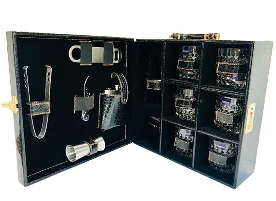 Telconi Croc Print Black Big Premium Bar Set with 6 Whiskey Glasses | Portable Leatherette Bar Set | Bar Set for Picnic | Bar Set for Travel | Bar Set for car |