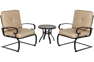 Incbruce Outdoor Furniture 3Pcs Patio Bistro Set, Springs Motion Chairs and Bistro Round Table Set, Metal Small Patio Conversation Set with Cushions (Brown)