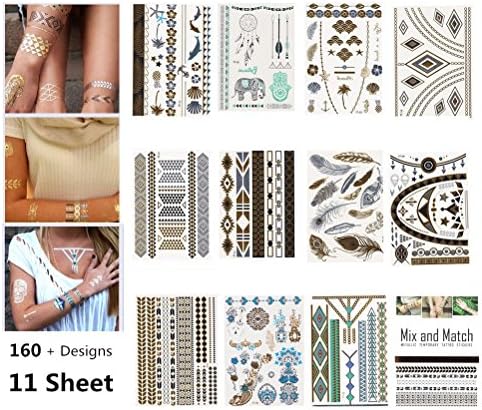 Fun of Jewelry Metallic Golden and Silver Temporary Tattoo Fake Tattoo Waterproof Non-toxic Tattoo Stickers Assorted Set of 11 Pcs 160+ Designs