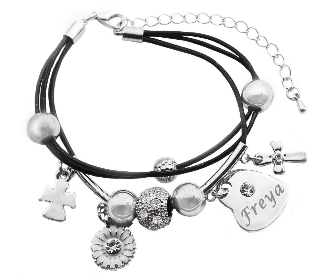 Kigu Freya Name Bracelet - Genuine Leather Multi Strand Bracelet & 18K White Gold Plated Engraved Heart Charm