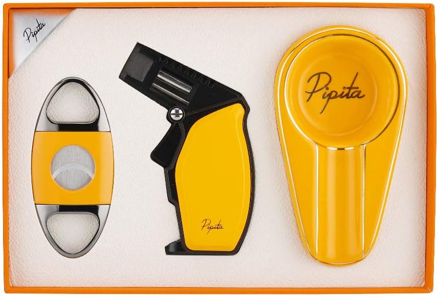 PIPITA Cigar Lighter Gift Set, Single Jet Blue Flame Torch Lighter & Cigar Cutter and Cigar Ashtray Set